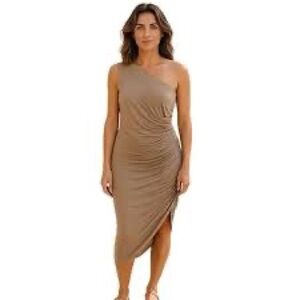 SHORE One Shoulder Asymmetrical Ruched Bodycon Dress in a Taupe size XS NWT